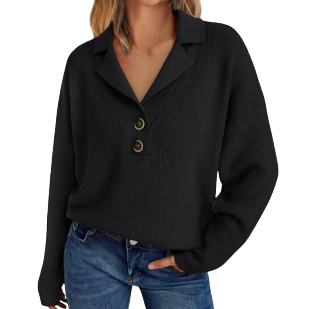NWT Lillusory Black Shawl Collar Henley Chunky Knit Sweater Size L